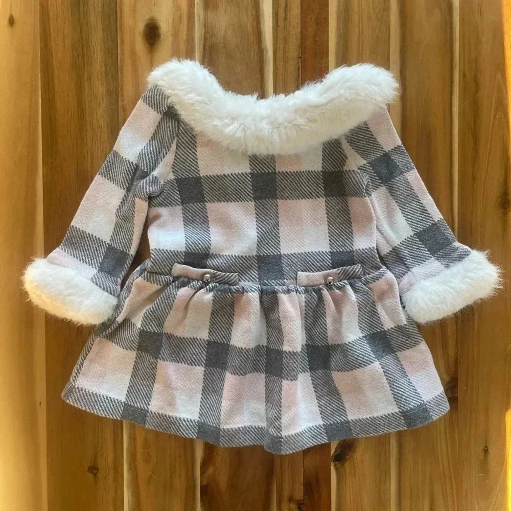 Janie and Jack Pink Grey White Tartan Dress with Faux Fur, size 6-12m